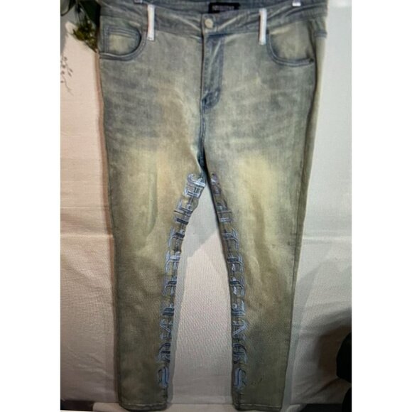 Pheelings Light Blue Distressed Cotton Blend Jeans With Embroidered Lettering - Picture 2 of 14